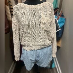 She + Sky | Beige Lightweight Cropped Long Sleeve Top | Size Small